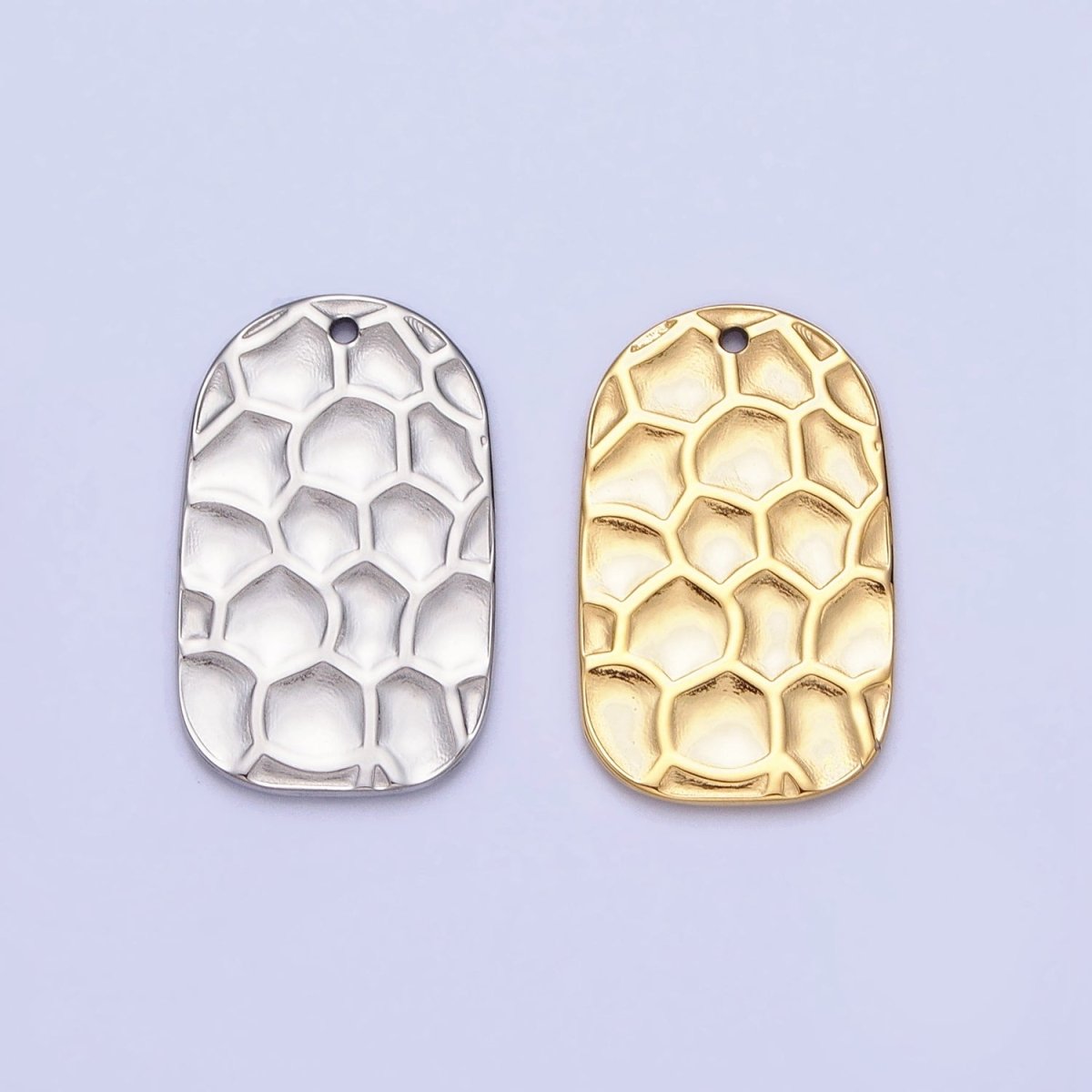 Stainless Steel Honey Comb Hammered Rectangular Tag Charm in Gold & Silver | P-891