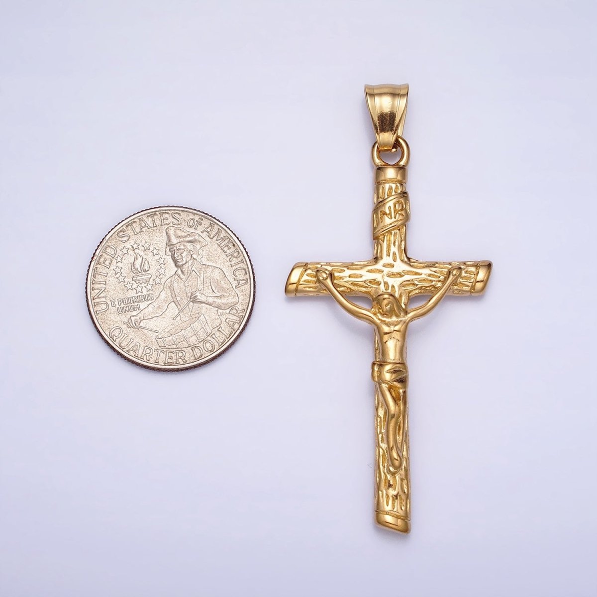 Stainless Steel INRI Crucifix Jesus Wood-Textured Cross 41.5mm Pendant in Gold, Silver & Black P1153 P1154