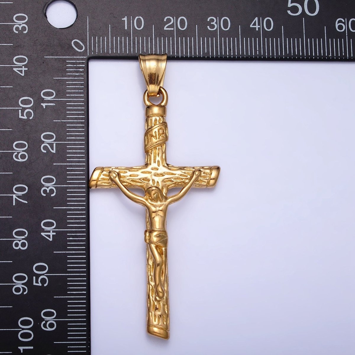 Stainless Steel INRI Crucifix Jesus Wood-Textured Cross 41.5mm Pendant in Gold, Silver & Black P1153 P1154
