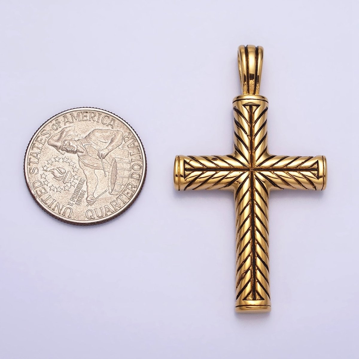 Stainless Steel Line-Engraved Religious Cross 55mm Gold Pendant | P-1162
