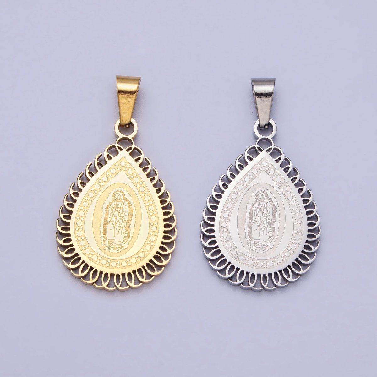 Stainless Steel Mother Mary Lady Guadalupe Engraved Teardrop Pendant in Gold & Silver J-640 J-641