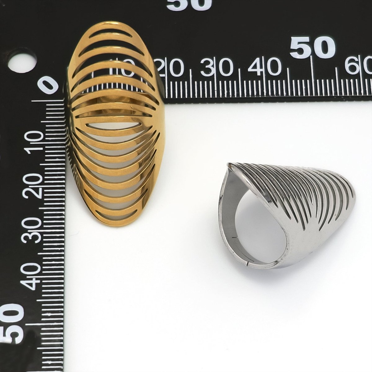Stainless Steel Open Geometric Ribbed Ring in Gold & Silver | RINGS-00206 RINGS-00207