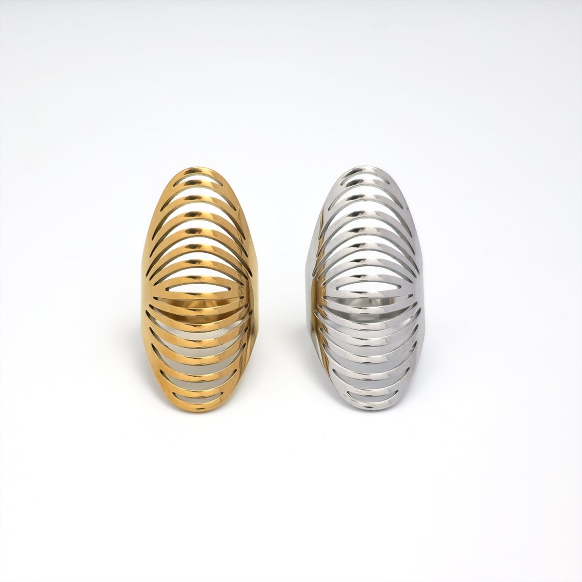 Stainless Steel Open Geometric Ribbed Ring in Gold & Silver | RINGS-00206 RINGS-00207