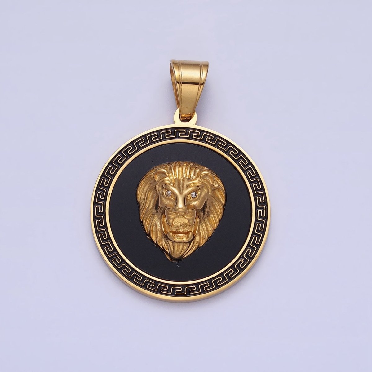 Stainless Steel Roaring Lion Animal CZ Black Gold Medallion Round Pendant J-784