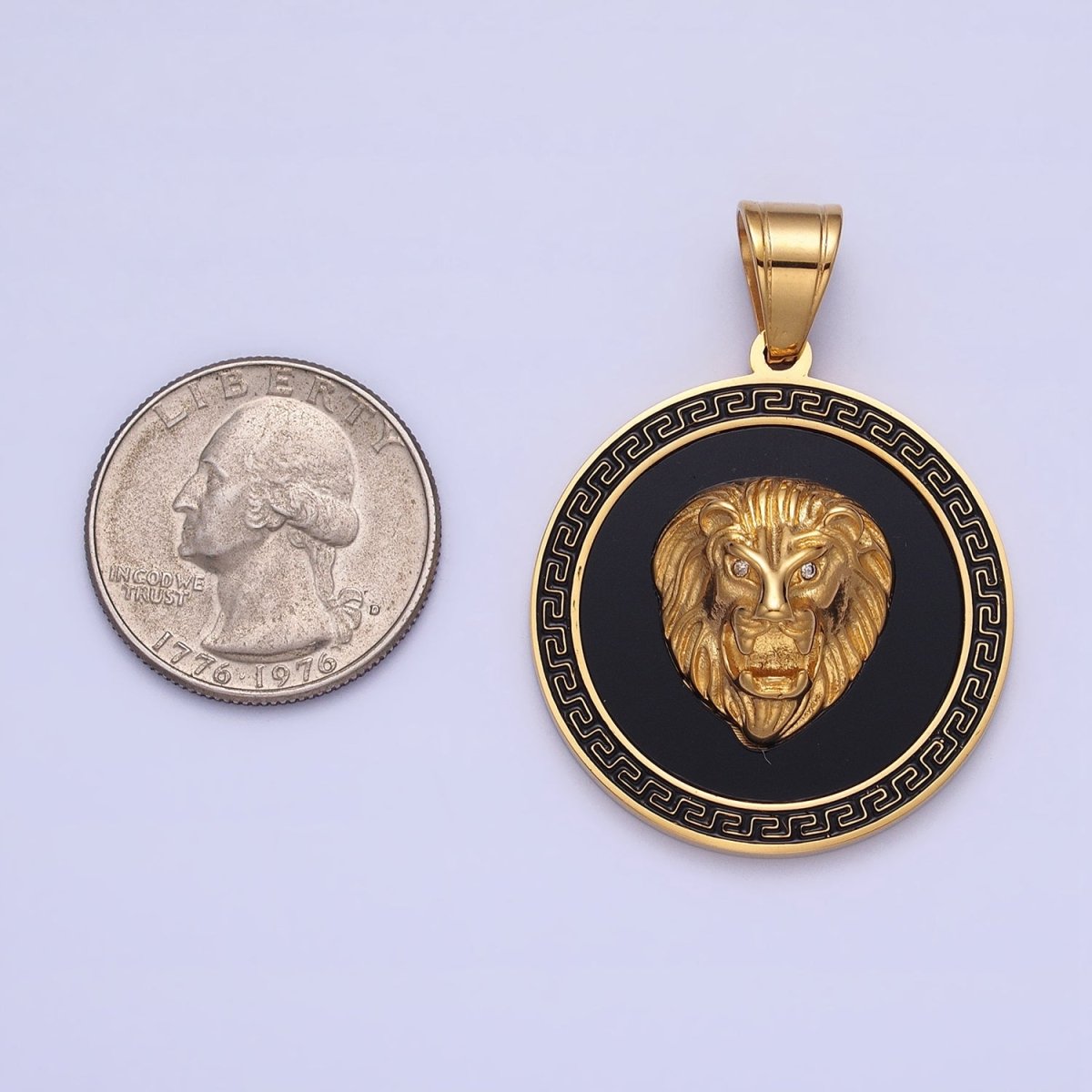 Stainless Steel Roaring Lion Animal CZ Black Gold Medallion Round Pendant J-784