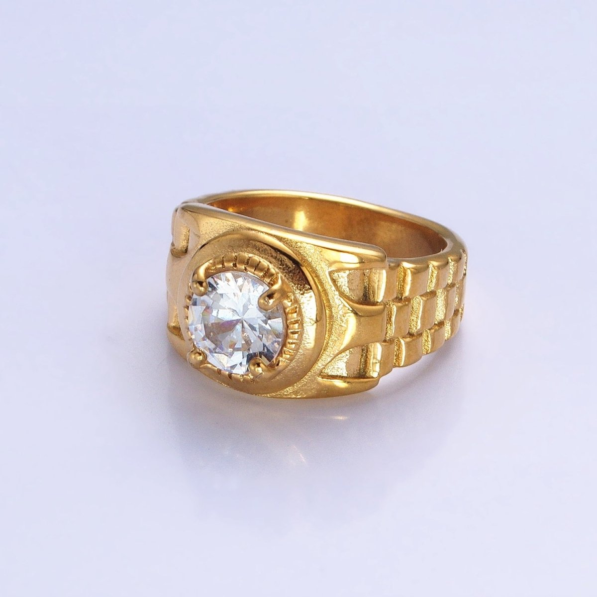 Stainless Steel Round Clear CZ Solitaire Checkered Signet Ring in Gold & Silver | O-1954 O-1955 O-1956 O-1957