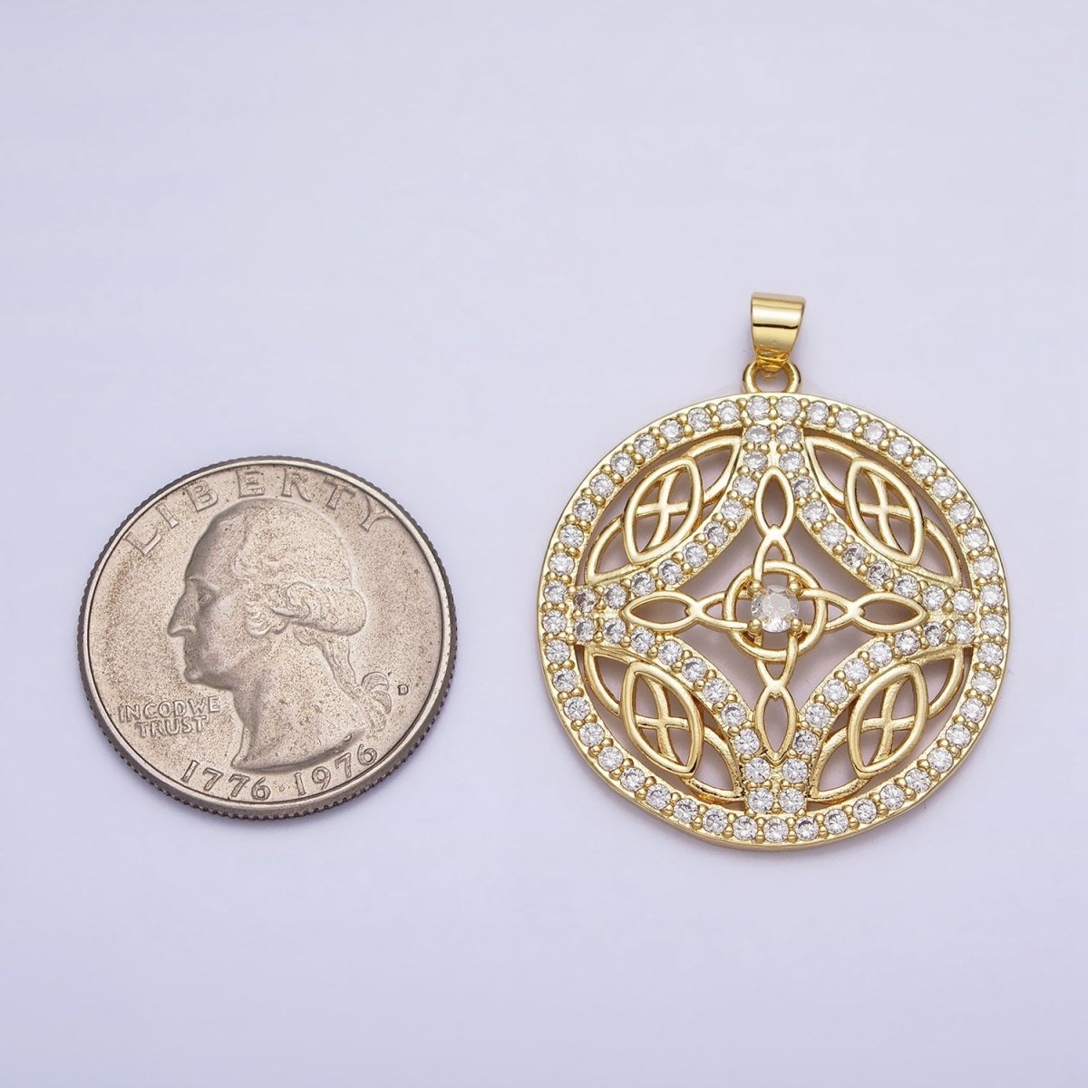 Statement Medallion Pendant Micro Pave Round Disc Charm in 24k Gold Filled AA256