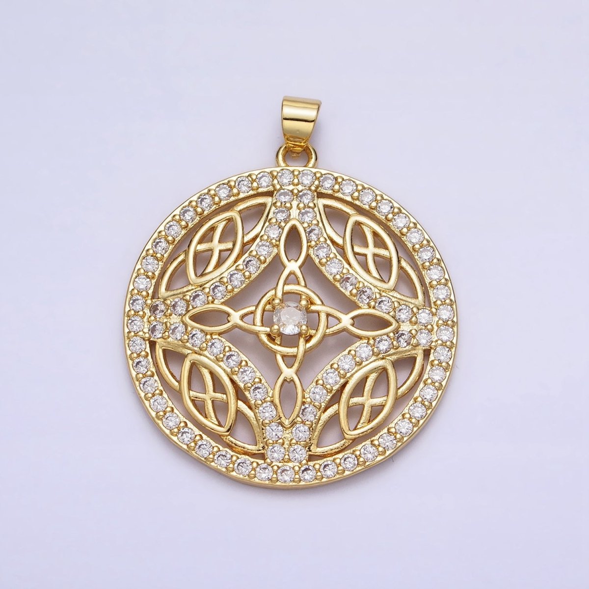 Statement Medallion Pendant Micro Pave Round Disc Charm in 24k Gold Filled AA256