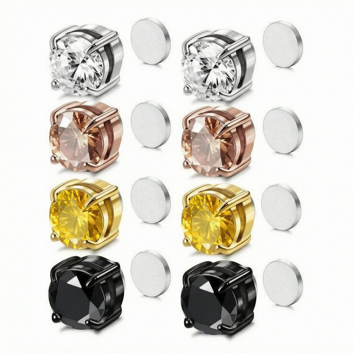 Magnetic Stud Earrings for Men Women Unisex, Non-Piercing Clip On CZ Studs, 6/8mm 4-Prong Round Stainless Steel