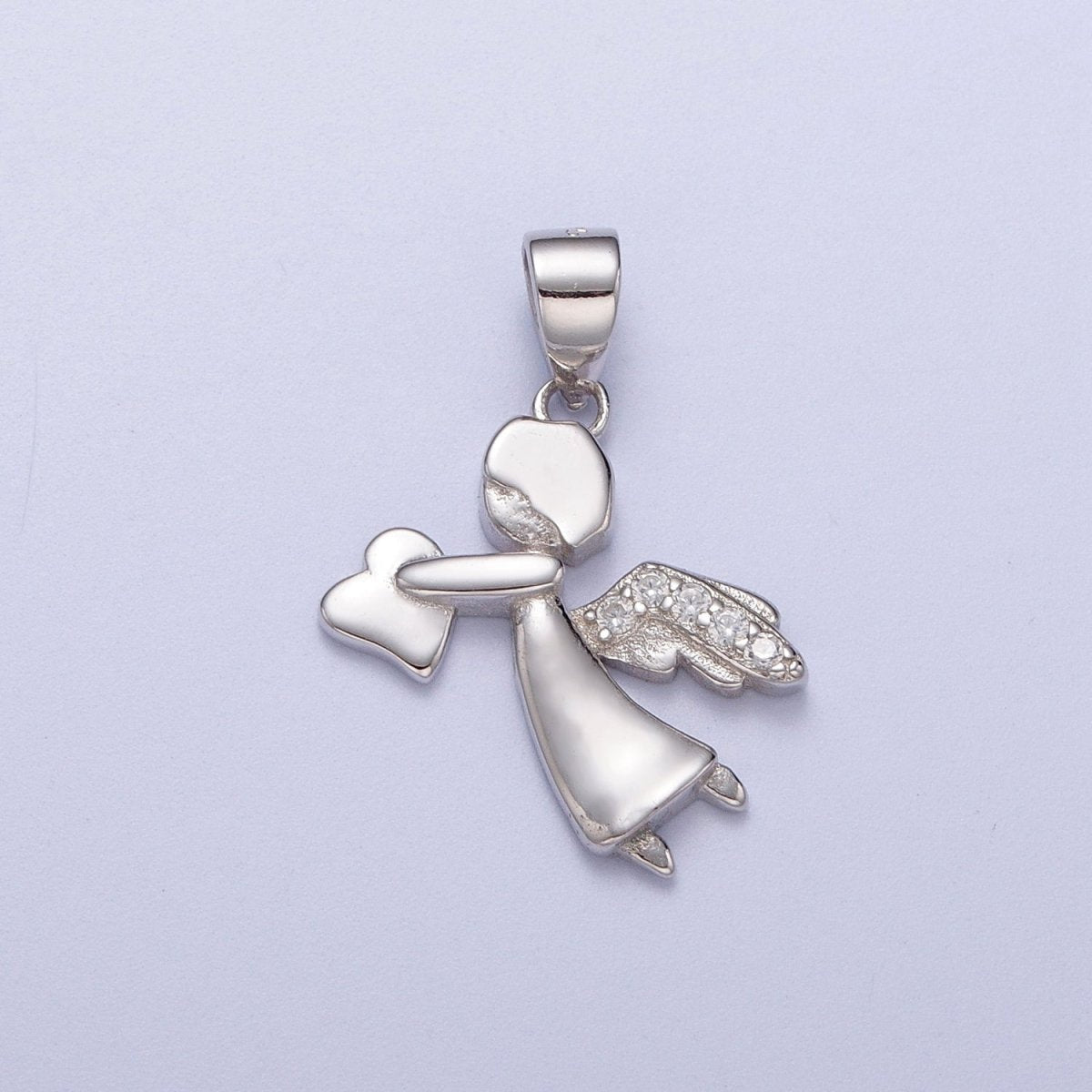 Sterling Silver S925 Heart-Giving Guardian Angel Micro Paved CZ Wings Pendant | SL-401