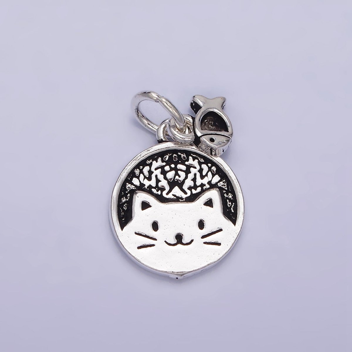 Sterling Silver S925 Pet Kitty Cat Round Textured Mini Fish Drop Double Charm | SL-268