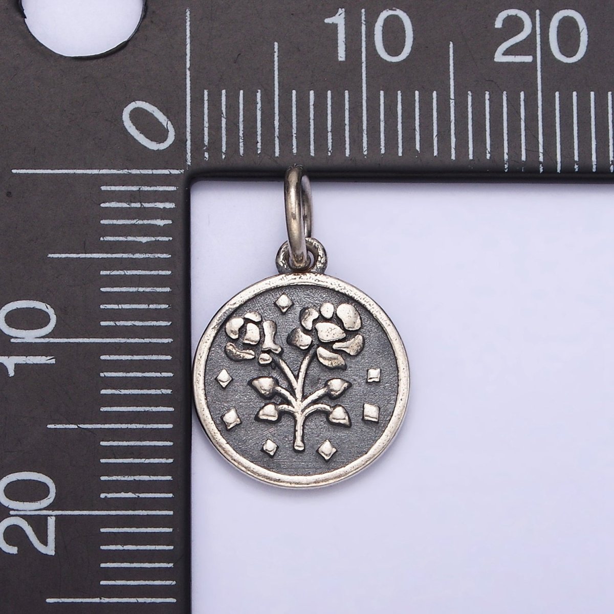 Sterling Silver S925 Rose Flower Rhombus Heart Petal Double Sided Round Medallion Charm | SL-285