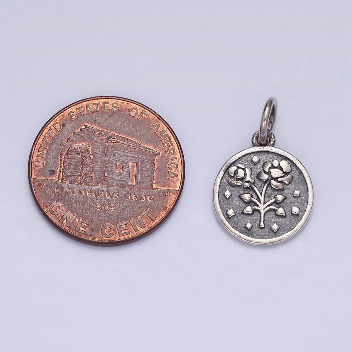 Sterling Silver S925 Rose Flower Rhombus Heart Petal Double Sided Round Medallion Charm | SL-285