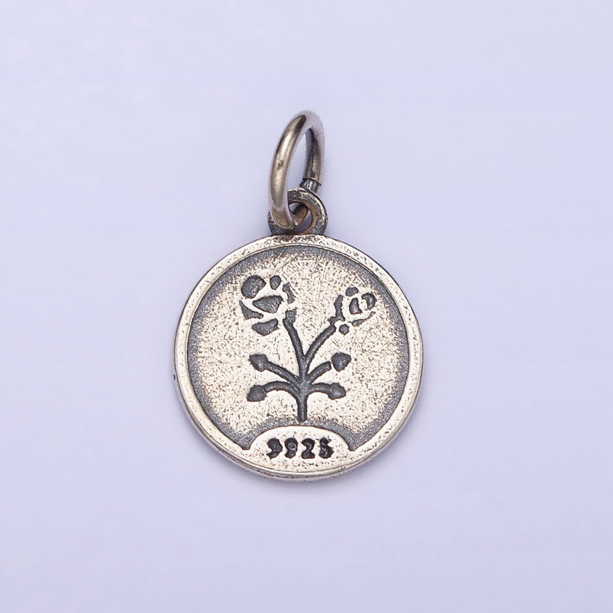 Sterling Silver S925 Rose Flower Rhombus Heart Petal Double Sided Round Medallion Charm | SL-285