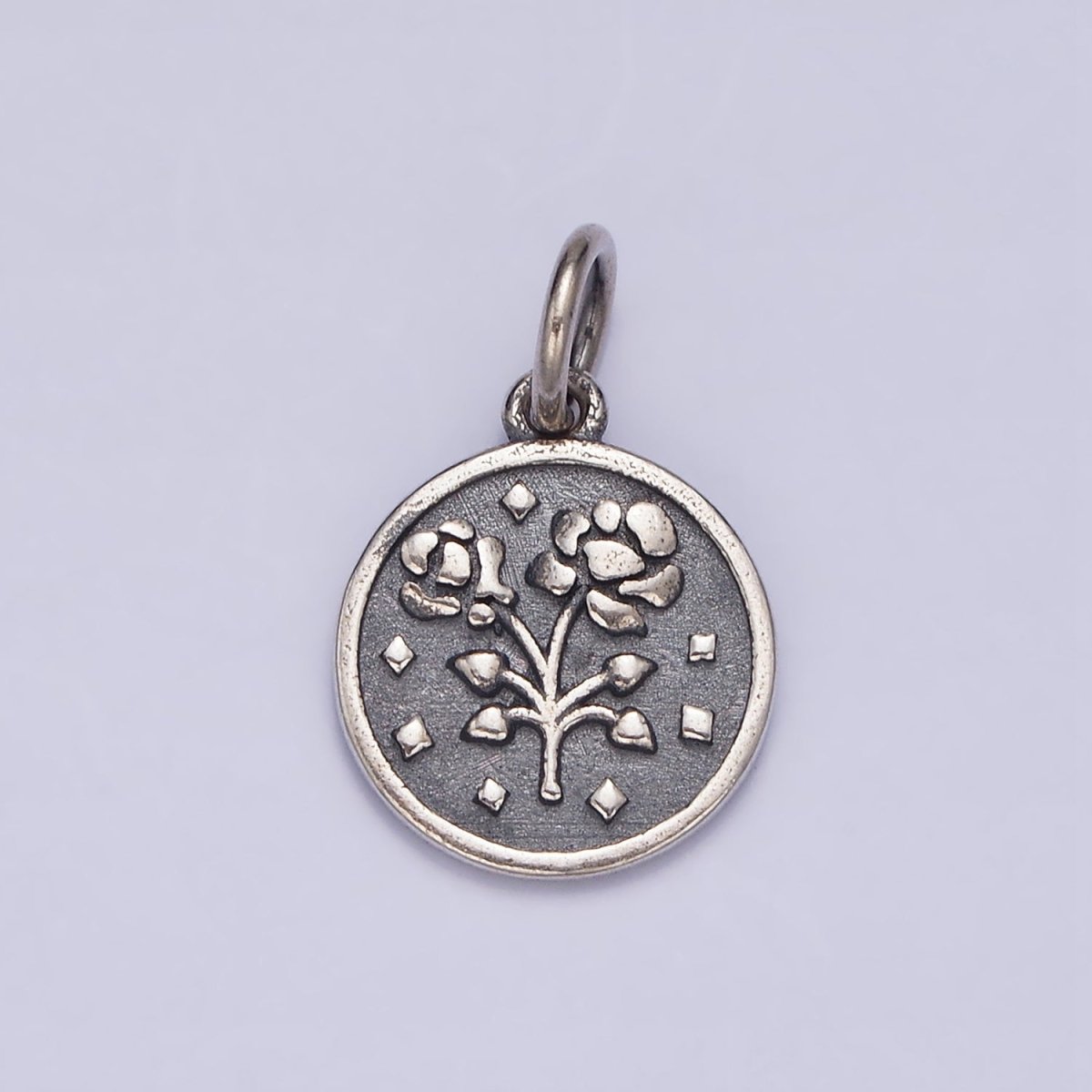 Sterling Silver S925 Rose Flower Rhombus Heart Petal Double Sided Round Medallion Charm | SL-285