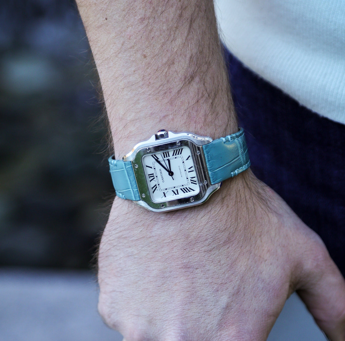 Turquoise Crocodile Leather Watch Strap For Cartier Santos