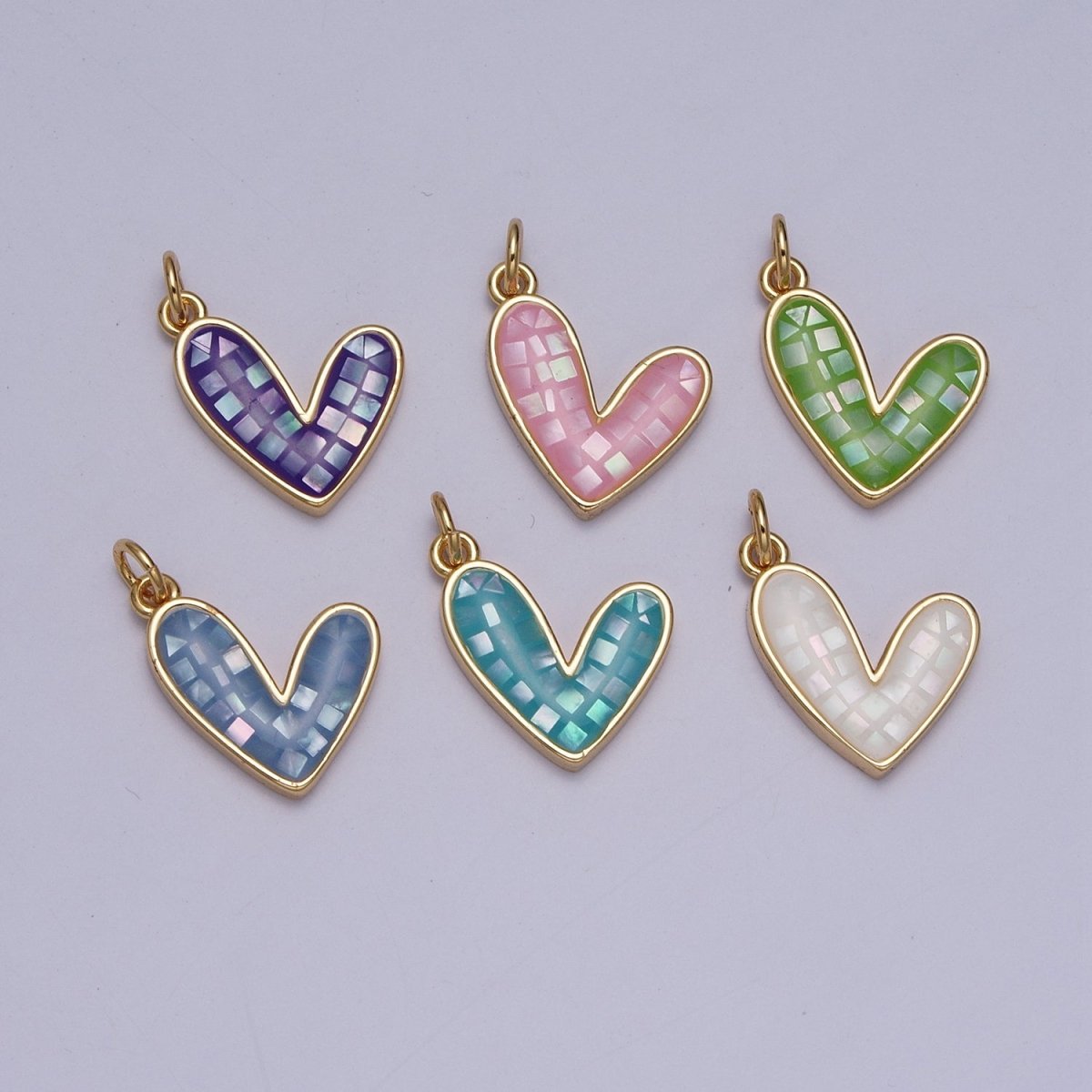 Teal, White, Pink, Purple, Green, Blue Shell Opal Heart Love Gold Charm For Jewelry Making AG-048~AG-053