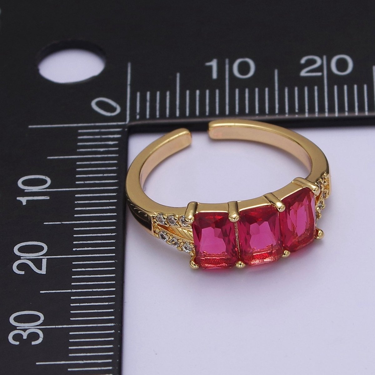 Three Pink Fuchsia Emerald Cut CZ Gold Band Open Adjustable Statement Jewelry O-2073