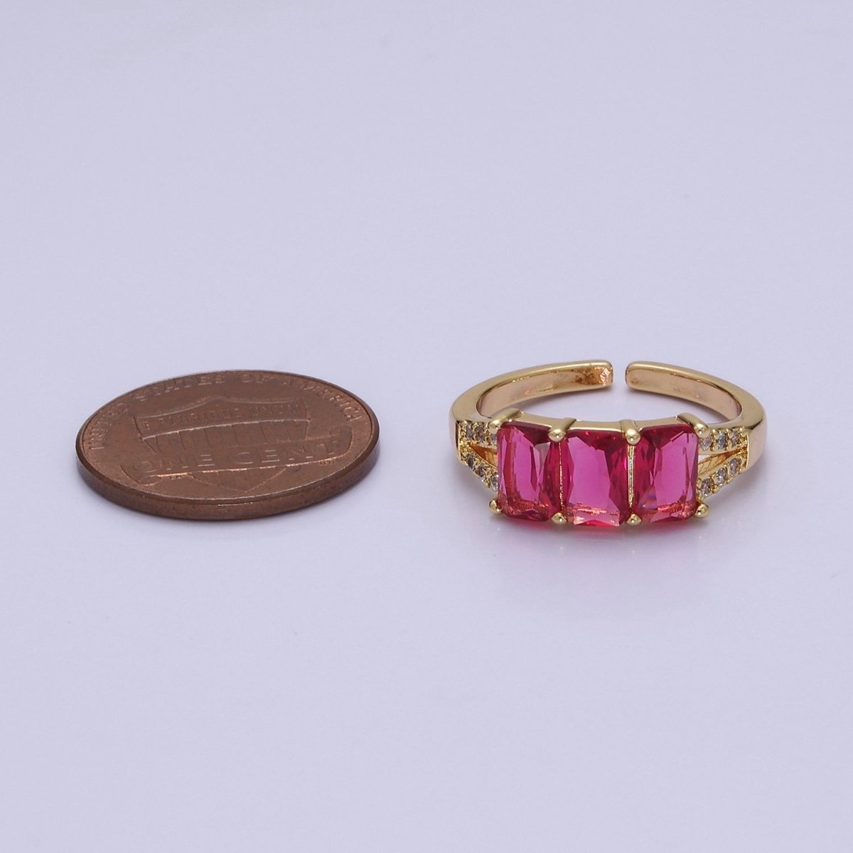Three Pink Fuchsia Emerald Cut CZ Gold Band Open Adjustable Statement Jewelry O-2073