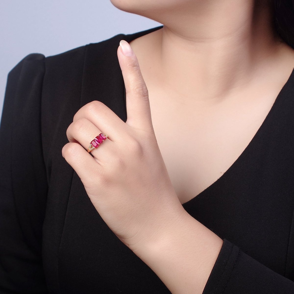 Three Pink Fuchsia Emerald Cut CZ Gold Band Open Adjustable Statement Jewelry O-2073