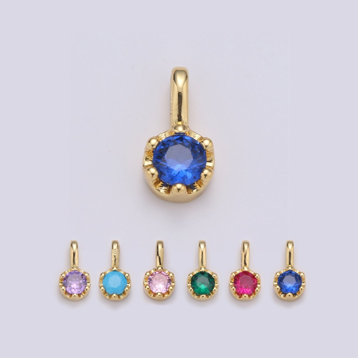 Tiny Dainty Round Gold Charm CZ Cubic Zirconia 10mm Charm Drop Round Small Color Full Cz Birthstone Add on Charm Dangle Charm D-599 to D-604