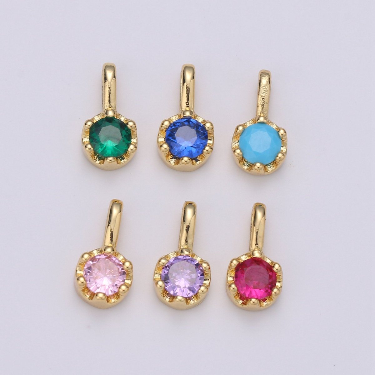 Tiny Dainty Round Gold Charm CZ Cubic Zirconia 10mm Charm Drop Round Small Color Full Cz Birthstone Add on Charm Dangle Charm D-599 to D-604