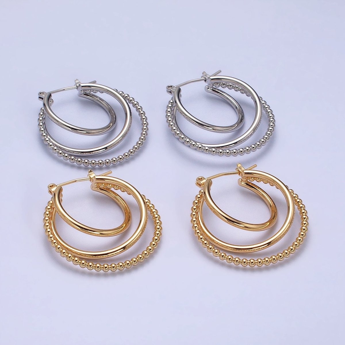 Triple Hoop Earrings, Big Gold Hoops, Statement Earrings Silver Beaded Modern Hoop Earring AD1209 AD1210