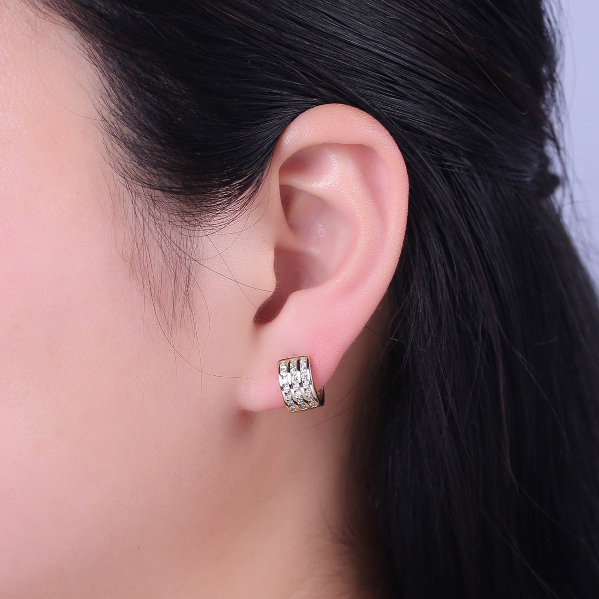 14K Gold Filled 11mm Triple Micro Paved CZ Wide Cartilage Huggie | V153