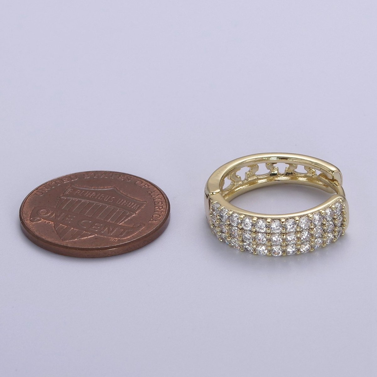 Triple Pave Gold Huggie Hoop Earrings, Thick Hoops, 3 Lines CZ Diamond Hoop Earrings V-152