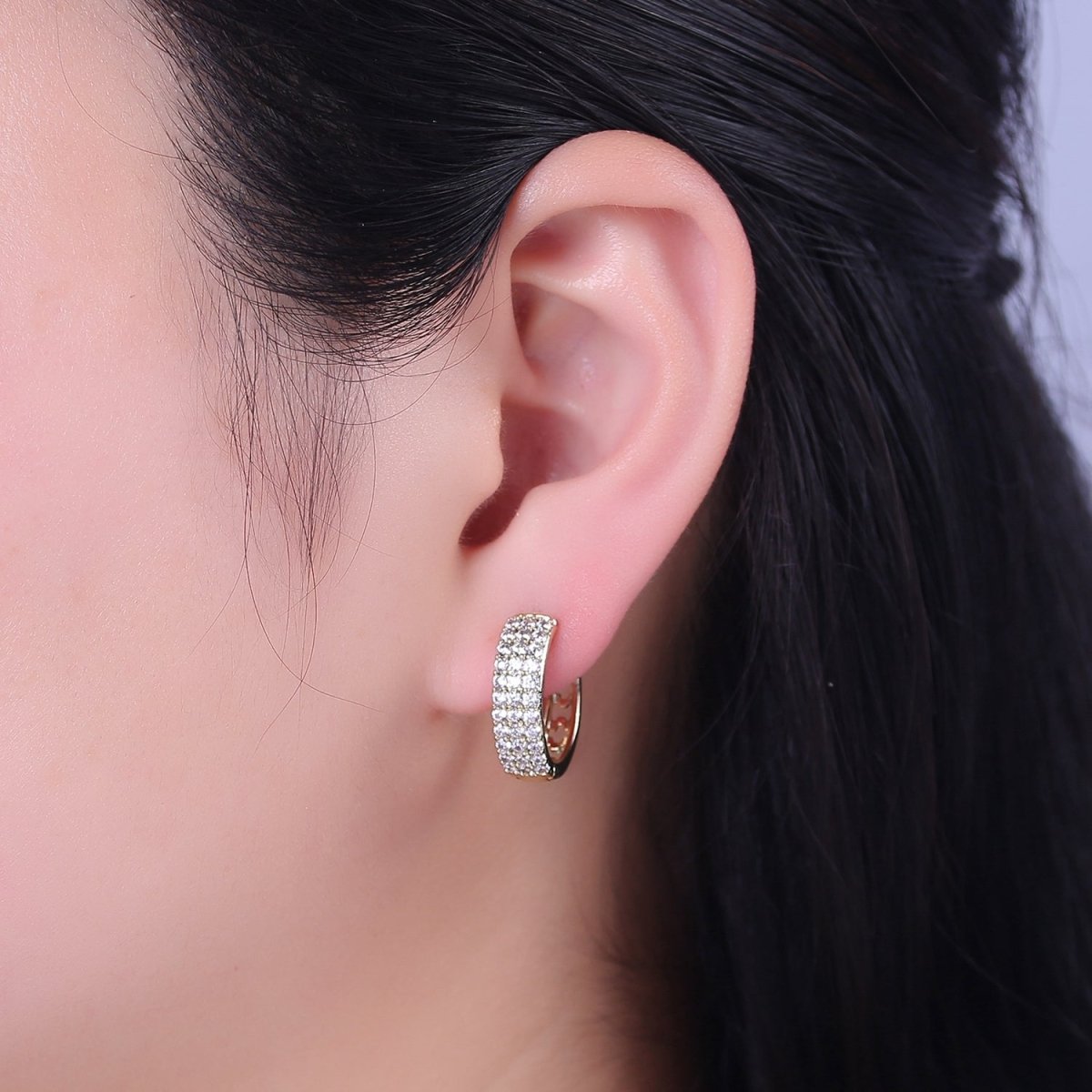 Triple Pave Gold Huggie Hoop Earrings, Thick Hoops, 3 Lines CZ Diamond Hoop Earrings V-152