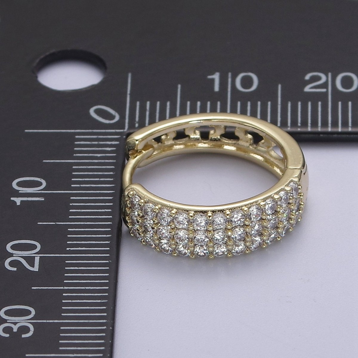 Triple Pave Gold Huggie Hoop Earrings, Thick Hoops, 3 Lines CZ Diamond Hoop Earrings V-152