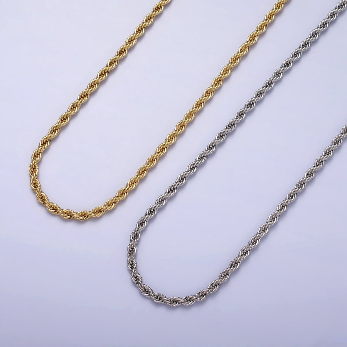 Unisex Chain Necklace, Rope Chain Necklace Gold Twist Chain, 3mm Rope Chain 18" 19.5" Necklace | WA-1520 WA-1521 WA-1522 WA-1523 Clearance Pricing