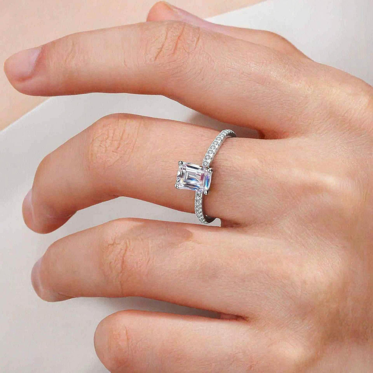 S925 Emerald Cut Moissanite Engagement Ring, Sterling Silver Promise Ring with Pavé Band, Dainty CZ Bridal Wedding Jewelry, Gift for Her
