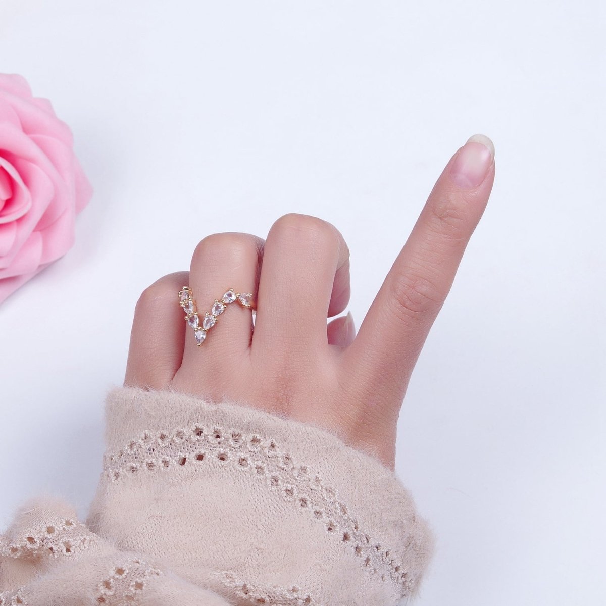 V Shaped Marquise Round Moissanite Wedding Band Unique Curved Chevron Band Solid 18K Gold Filled Stacking Ring O-2238