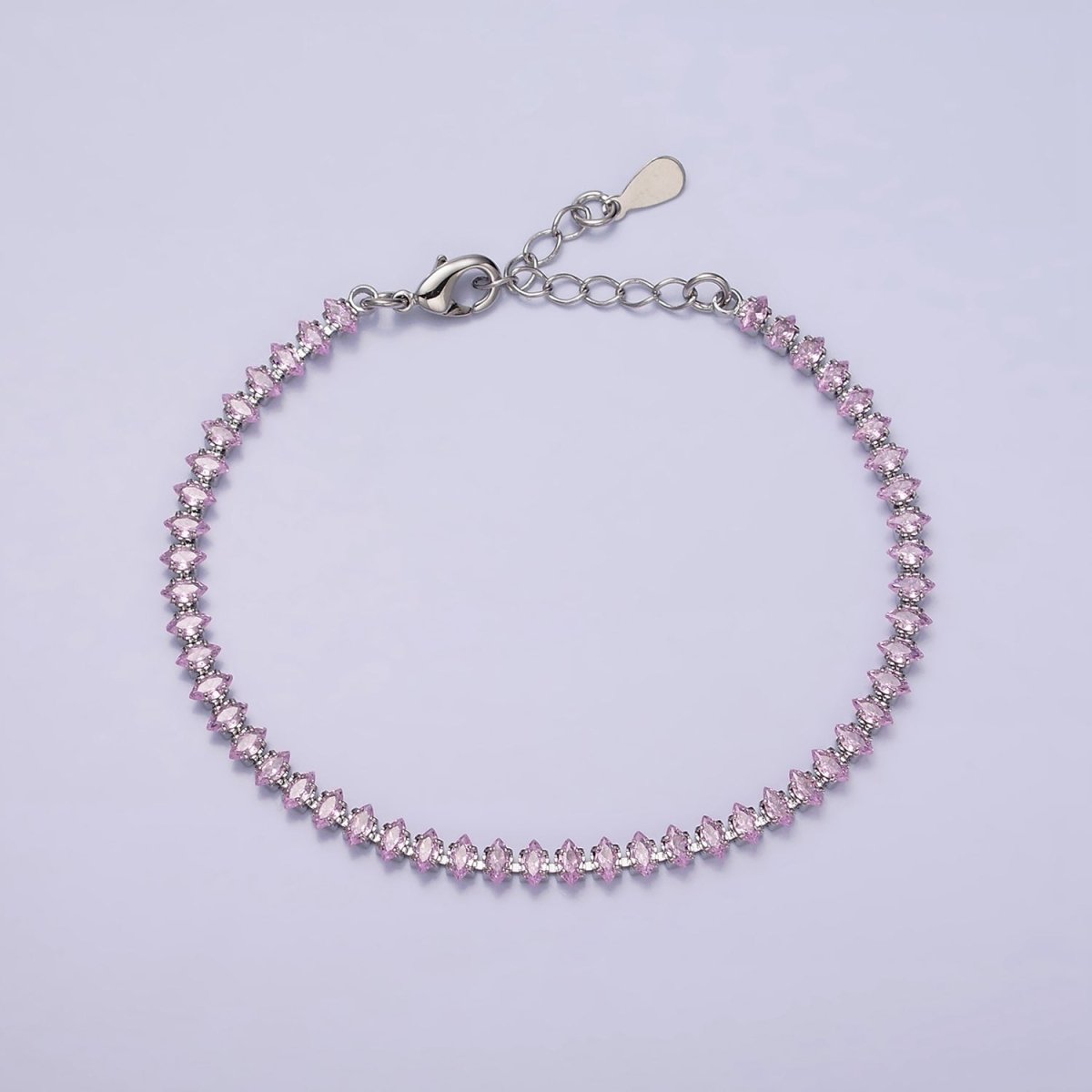 White Gold Filled 4mm Clear, Pink, Green CZ Marquise Tennis 6.5 Inch Bracelet with Extender | WA-1810 - WA-1812 Clearance Pricing