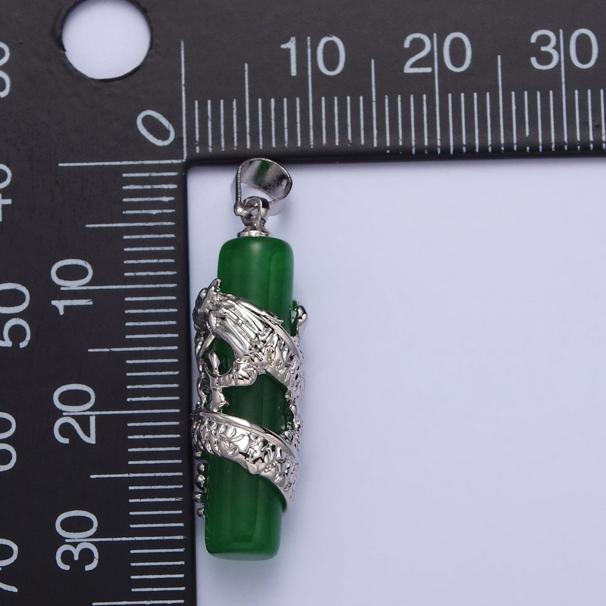 White Gold Filled Dragon Green Jade Cylinder Bar Amulet Pendant | AA102