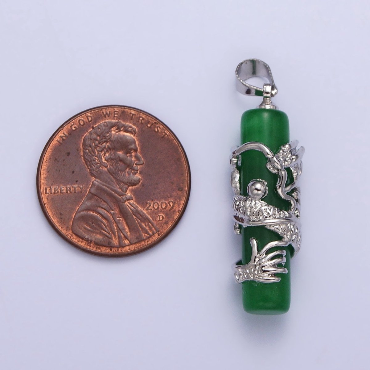 White Gold Filled Dragon Green Jade Cylinder Bar Amulet Pendant | AA102