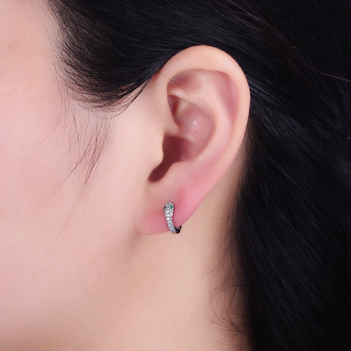 White Gold-Filled Green-Eyed Micro Paved 10mm Cartilage Huggie Earrings | AB1547