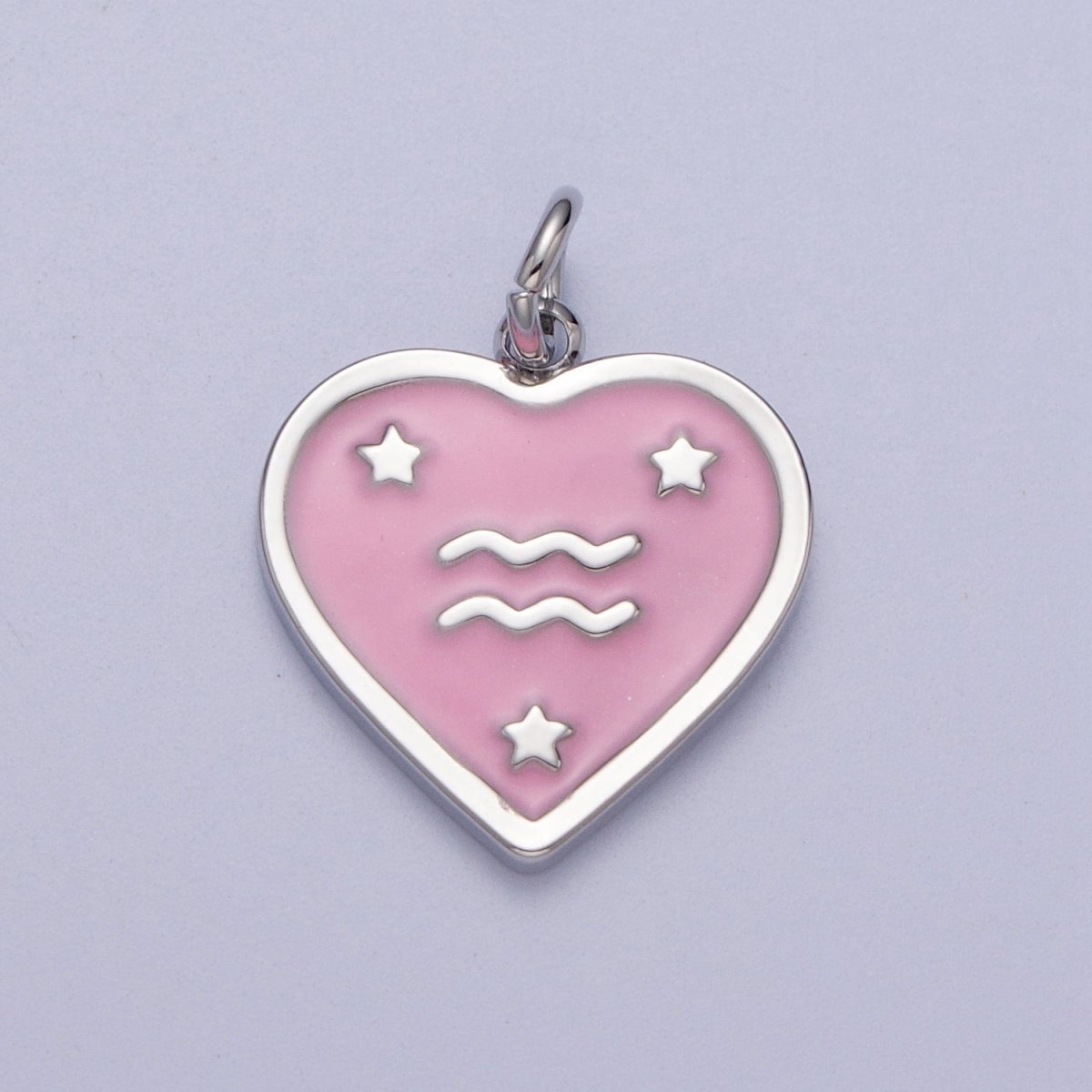 White Gold Filled Heart Pink Enamel Zodiac Constellation Astrology Birth Star Sign Silver Charm | A-A1737-A-A1742