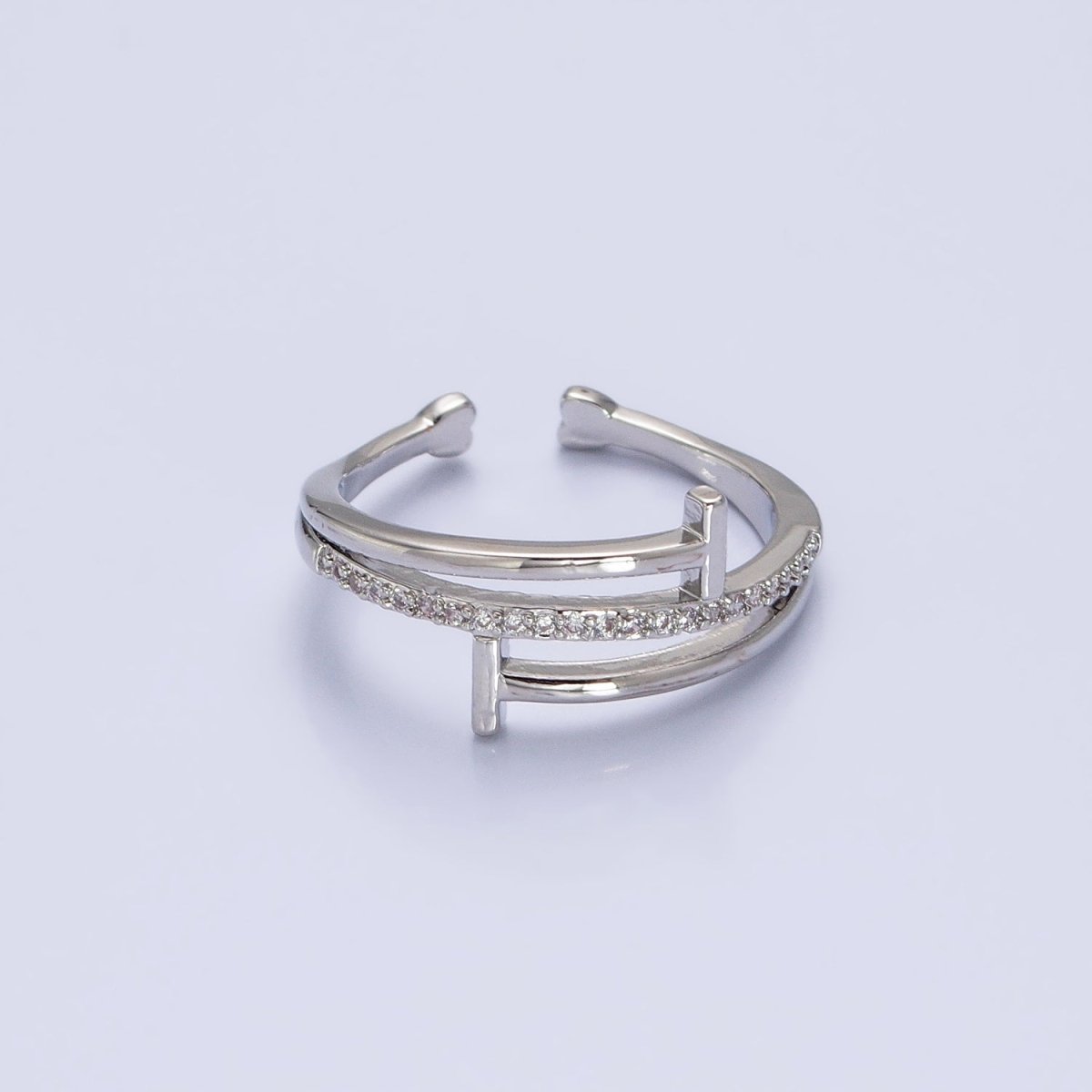 White Gold Filled Micro Paved Geometric Double T-Nail Heart End Adjustable Silver Ring | O-002