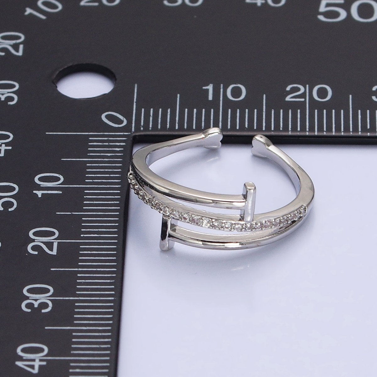 White Gold Filled Micro Paved Geometric Double T-Nail Heart End Adjustable Silver Ring | O-002