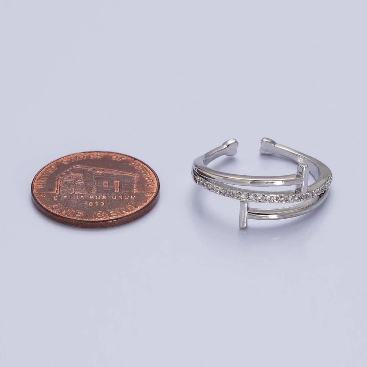 White Gold Filled Micro Paved Geometric Double T-Nail Heart End Adjustable Silver Ring | O-002