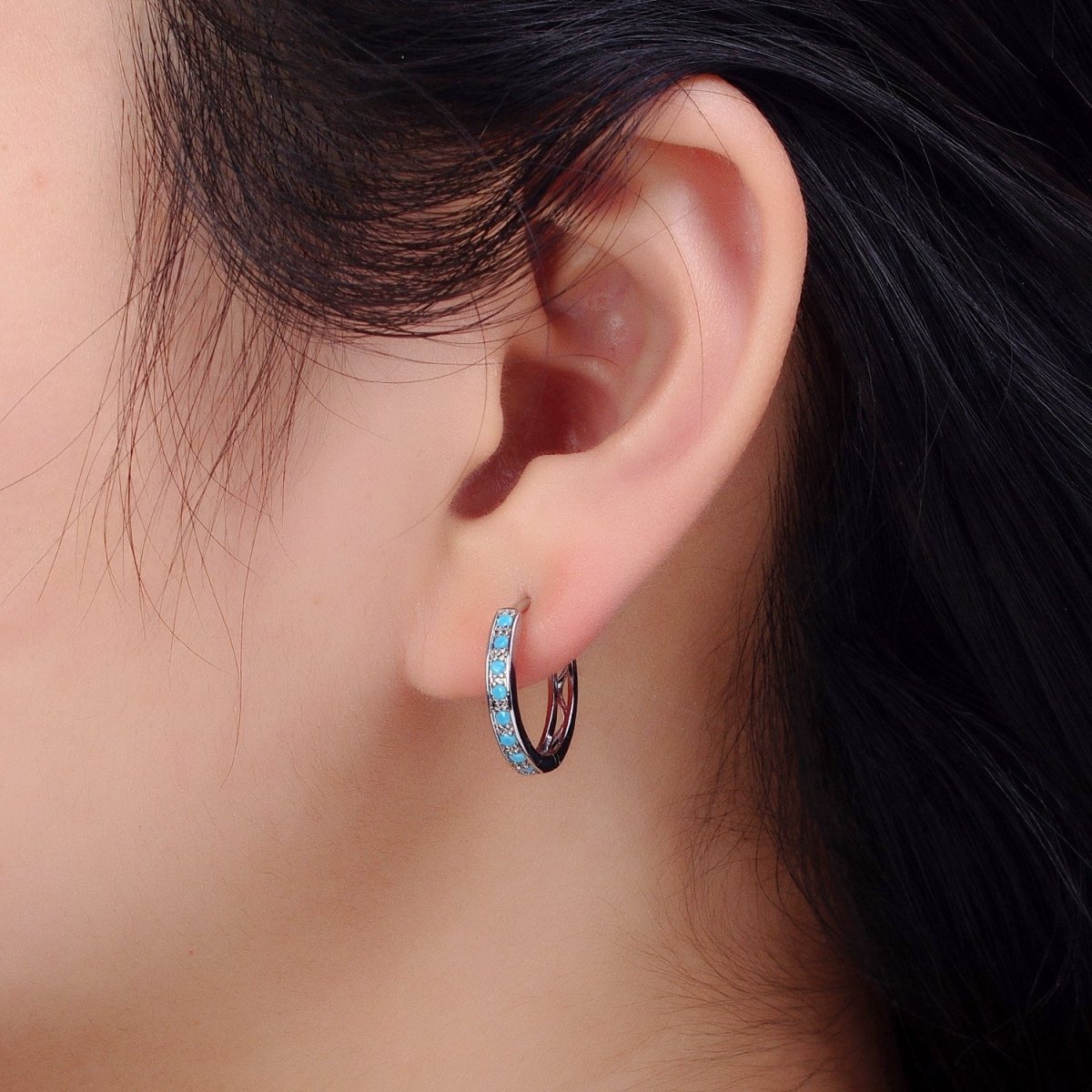 White Gold Filled Turquoise Micro Paved 17mm Endless Hoop Earrings | AB1040