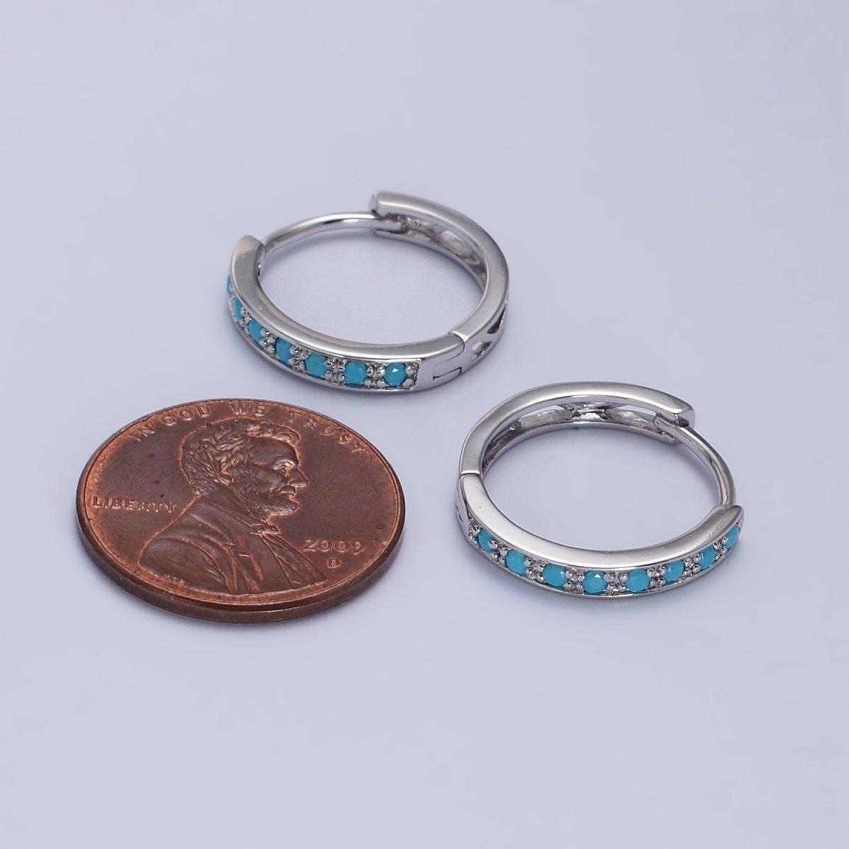 White Gold Filled Turquoise Micro Paved 17mm Endless Hoop Earrings | AB1040