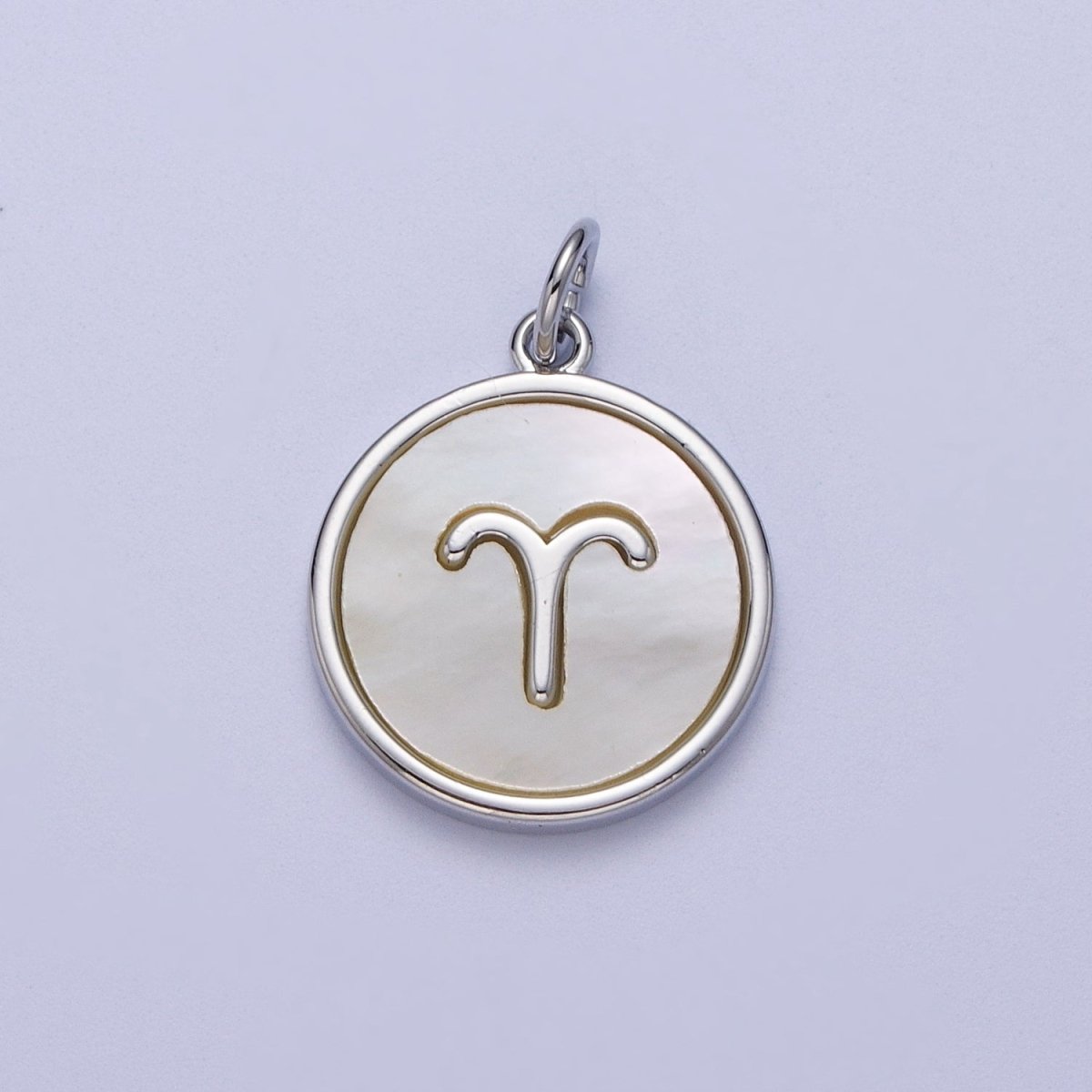 White Gold Filled Zodiac Signs Shell Pearl Round Coin Astrology Horoscope Silver Charm | A-A1731-A-A1736
