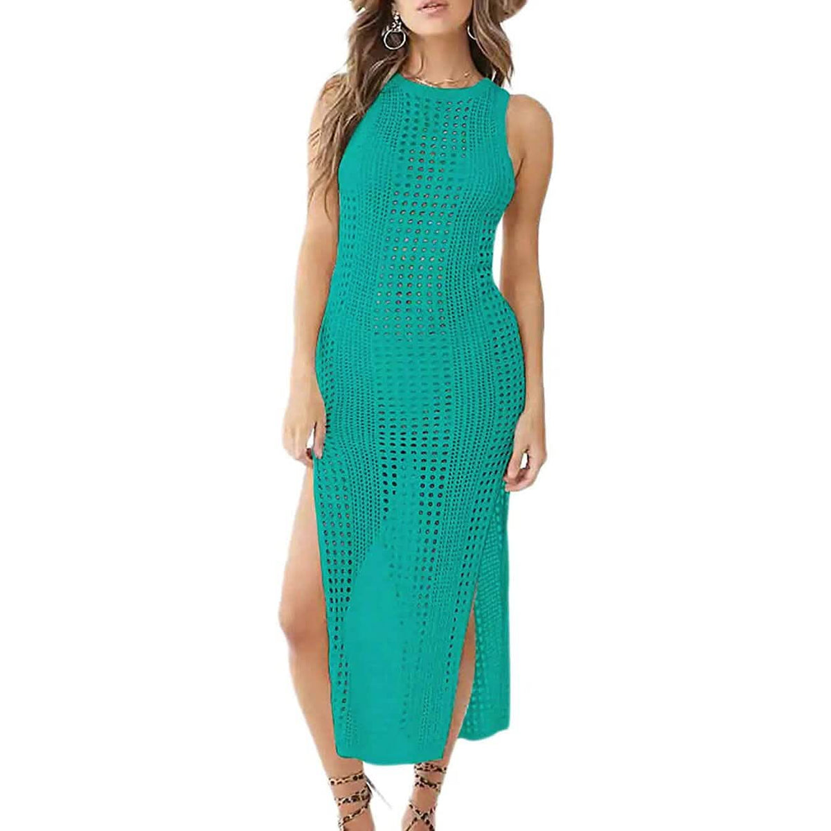 Women Hollow Out Sleeveless Bikini Swimsuit Side Split Long Beach Dresses