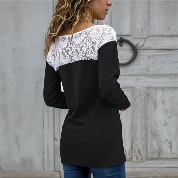 Women Round Neck Sexy Lace Casual Long-Sleeved Top