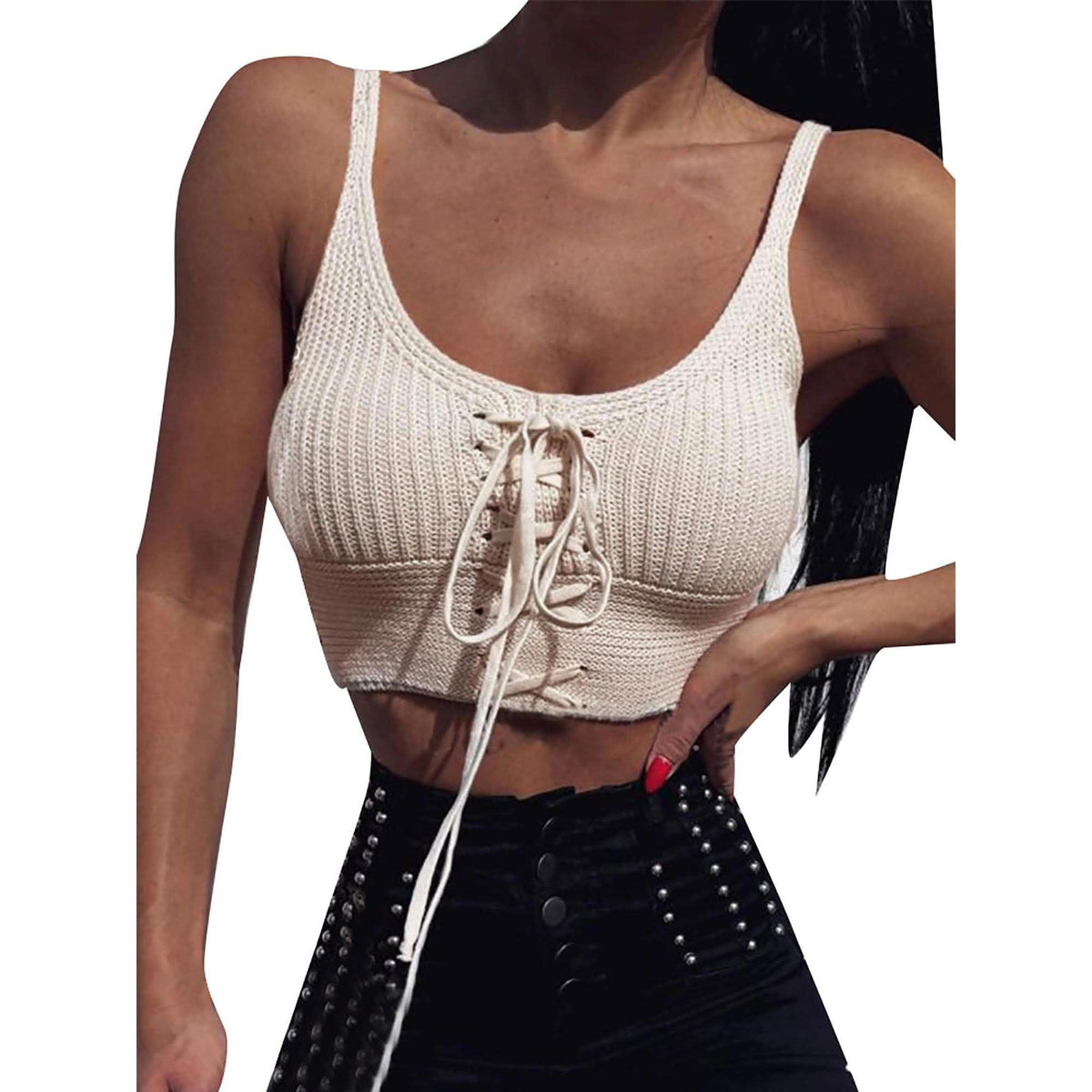 Women Sleeveless Lace Up Knitted Cami Tank Top Sexy Loose Crop Tops Blouse