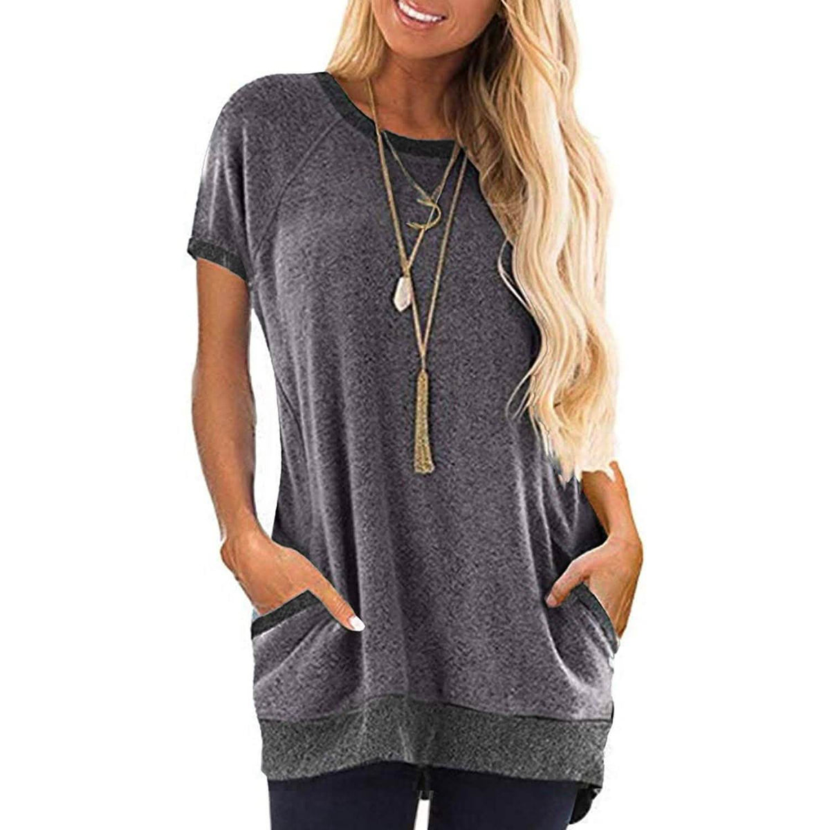 Women's Color Block Short Sleeve Lightweight Knit Sweatshirts with Pockets