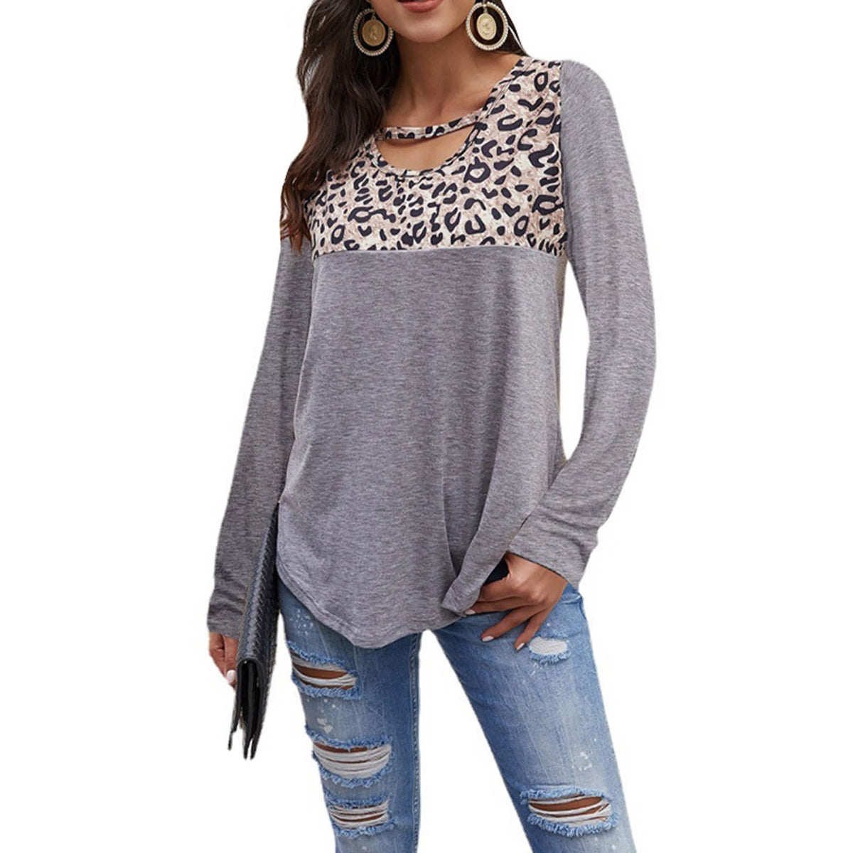 Womens Loose Tops Long Sleeve Tunic Color Block Casual Shirts